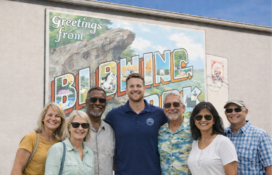 Art and sculpture walking tour in Blowing Rock NC at Greetings from Blowing Rock mural