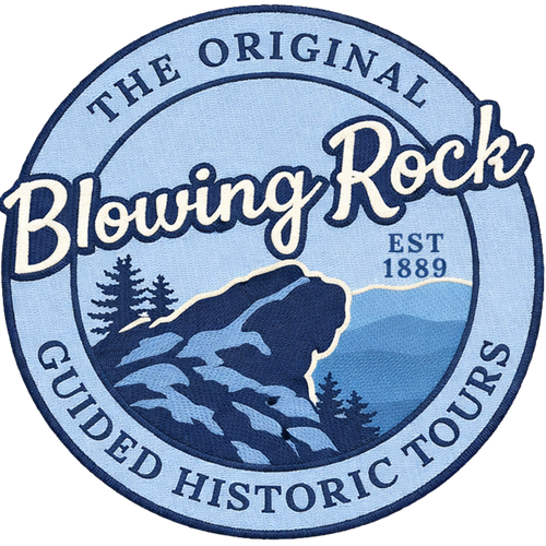 Official Blowing Rock Walking Tours embroidered patch featuring the historic Blowing Rock and the Blowing Rock, NC skyline.