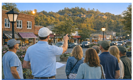 Historical guided walking tour in downtown Blowing Rock NC with guide pointing to landmarks