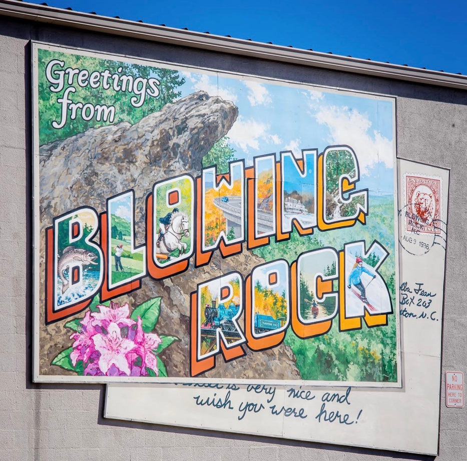 The iconic 'Blowing Rock' postcard mural by artist Michael Brown, commissioned by the Blowing Rock Art & History Museum (BRAHM), featuring local landmarks inside each letter.