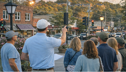 Historic downtown Blowing Rock main street during a guided walking tour